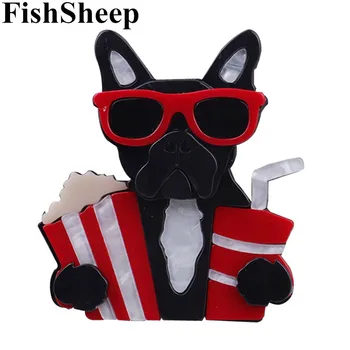  FishSheep Acrilic Nou Film Câine Broșe Ace Pentru Femei Animal Minunat Bulldog Cu Popcorn, Cola Mare Brosa Colectii De Bijuterii