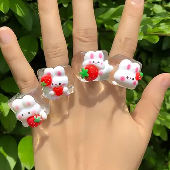  Cute Strawberry Iepure Inele Transparente Rășină Acrilică Inele Pentru Femei Fete y2k Vara Accesorii Bijuterii Cadouri