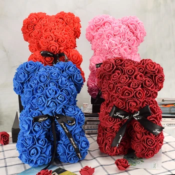  25 cm Teddy Bear Inima Artificială Floare Trandafir Ziua Îndrăgostiților Cadou de Nunta Decor Realizate manual Crescut Anul Nou Crăciun Decor Acasă