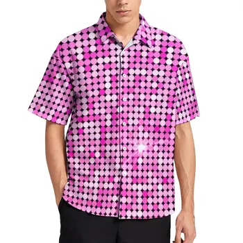  Shiny Disco Ball Bărbat Cu Cămașă Hawaiană Paiete Print Casual, Camasi Bluze Cu Maneci Retro Supradimensionat