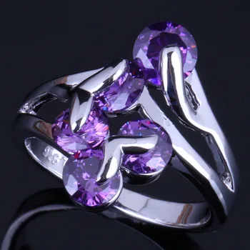  Minunat Rotund Violet Cubic Zirconia Placat Cu Argint Inel V0413