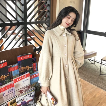  Haină de lână femei de primăvară și haine de iarna nou stil coreean mid-lungime talie subțire Hepburn stil gros de lână trenci