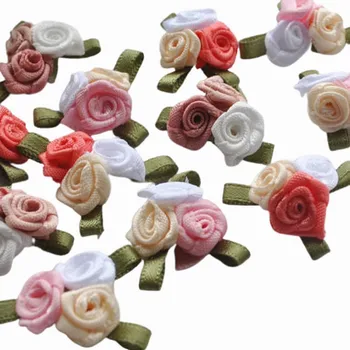  20buc Nou Panglica de Satin Rose W/frunze de Artizanat Aplici Ornament Accesoriu Upick