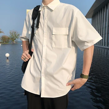  EBAIHUI Bărbați cămașă Albă cu Cravată Set Preppy Uniformă DK Liber Camasa cu Maneca Lunga Cuplu Vrac Bază Tricouri Scurte Dimensiunea Asia