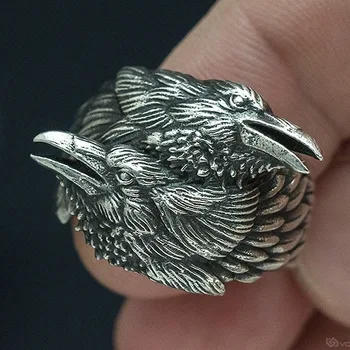  BUDROVKY Norocos Mens Ring Corbii Mitologia Nordică, Culoare Argintie Odin Cioara Inele de Oțel Inoxidabil Nordic Amuleta Bijuterii
