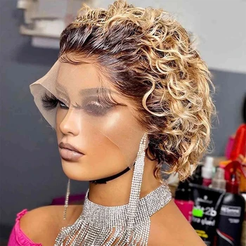  Ombre Blond Cret Scurt Peruci Fata Dantelă 13x1 Brazilian fir de Par Uman, Peruci pentru Femei Negre Pixie Cut Perucă din Păr Uman Dantelă Transparentă