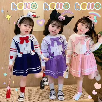  Sanrioed Anime Kuromi Cinnamoroll Melodie Kawaii Tricotate Cutat Fete Dress Navy Fluture Guler Rochie De Lână Copil Haine Cadou
