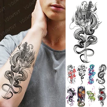  Impermeabil Tatuaj Temporar Autocolant Sabie Dragon Șarpe Flash Tatuaje Crescut Bufnita Lup Body Art Brațul Fals Maneci Tatuaj Femei Bărbați