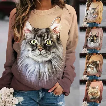  2022 Toamna Iarna Femei pe Gât Rotund Animale Imprimate Retro Top Tee Cămașă de zi cu Zi Pulover Pulover Stil Simplu T-shirt