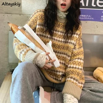 Pulovere Femei Nou Cald Dulce Pierde O-gât Pulover Mozaic Argyle Harajuku Stil coreean Blând Fete de zi cu Zi Streetwear Uza