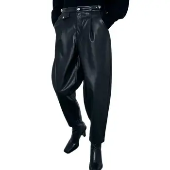  2021 Noua Moda Femei Elegant Talie Mare PU Pantaloni din Imitatie de Piele Doamnelor Negru Vrac Fals din Piele Rece Buzunare Pantaloni Streetwear