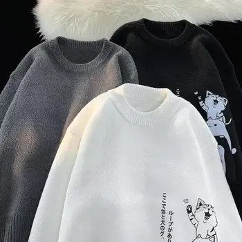  Anime-Ul Japonez Cat De Imprimare Alb-Negru De Bază Pulover 2022 Toamna Iarna Cald Bărbați Femei Pulover Tricotate Casual Harajuku Student