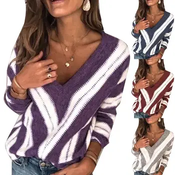  Femei de moda de Toamnă Lungă Maneca V Gat Culoarea Bloc Vrac Plus Dimensiune Pulover cald vânzări 2020