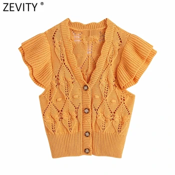  Zevity 2021 Moda pentru Femei V-Gât Croșetat Cardigan Tricotat Pulover Feminin Chic efecte Cascadă Casual Pânză Butoane Topuri SW855