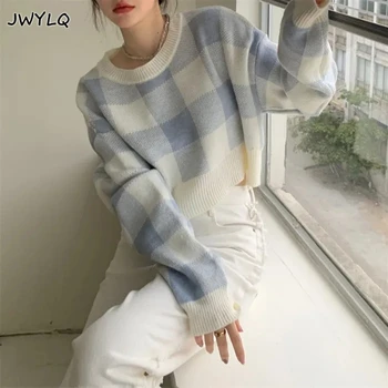  Trunchiate Pulover-coreean O-gât Imprimare Carouri Stil Preppy pulover Pulover Femei Simple Dulce Pulovere Pentru Femei Student Pulover