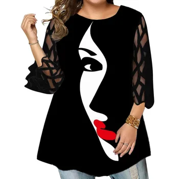  Bluza Femei Colectie Noua 2022 Plus Dimensiunea Îmbrăcăminte Faciale Art Tipărite Organza Petală Maneca Top Tunica Streetwear Supradimensionat Tricou