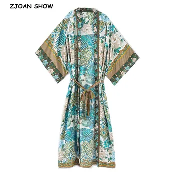  Boem V gât Păun Floare de Imprimare Mult Kimono Tricou Etnice Siret Cu Eșarfe Lungi BOHO Cardigan Lega Arcul Bluza Topuri