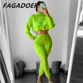  FAGADOER Toamna Neon Verde Costume de trening Femei Casual cu Maneca Lunga Zip Top de Cultură Pantaloni Set Solid de Două Piese de Streetwear 2021