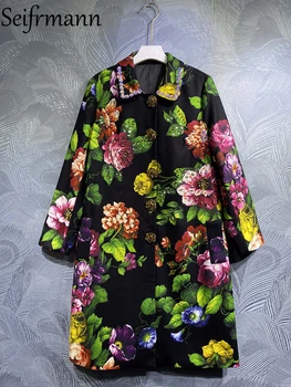  Seifrmann De Înaltă Calitate De Toamna Femei Designer De Moda Amestecuri Haina Cu Maneci Lungi Singur Pieptul Print Floral Cristal Paltoane Palton