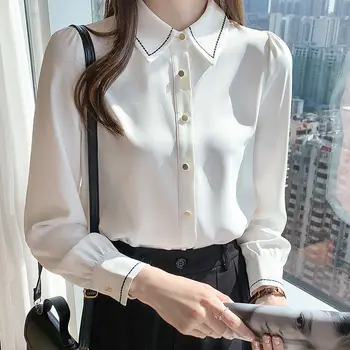  Moda Rever Linie Luminoasă Butonul de Decor Șifon Cămașă Îmbrăcăminte pentru Femei 2022 Toamna anului Nou Liber Topuri Casual Office Lady Bluza