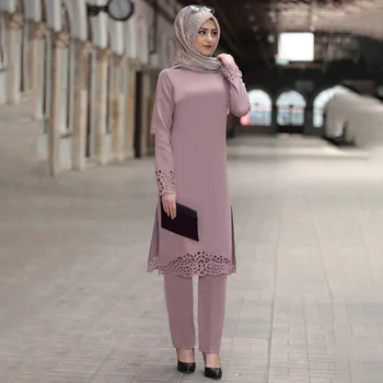  Haine islamice Pant Set pentru Femei Rochii Rochie Musulman Moda Hollow Out Solidă Maneca Lunga Arab din Dubai Eid Mubarak Doamnelor Caftan