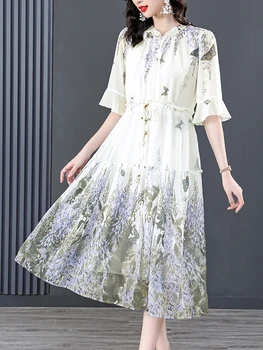  2022 Noi Florale Șifon Flare Sleeve Ciufulit Guler Rochie Midi Femei Boho Moda Casual Rochie De Plajă De Vară Coreean Rochie Eleganta