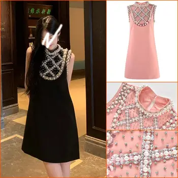  Franceză Elegant Rotund Gat Industria Grea Diamant Cu O Linie Little Black Dress Design De Lux De Brand Rochie Fără Mâneci Femei Nou