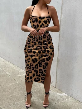  Femei Leopard De Imprimare De Moda Rochie Midi Bodycon Feminin Slim Fit Mâneci Căpăstru Slim Fit Club Rochie Petrecere