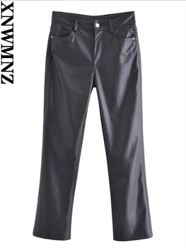  XNWMNZ 2023 Moda pentru Femei Faux din Piele PU Mini Flare Pantaloni Femeie Retro Talie Înaltă, Buzunare cu Fermoar Femei Pantaloni Chic