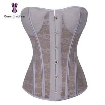  De înaltă calitate de metal busk clipuri oțel dezosată corset alb de mireasa corset sexy transparent dantelă florale femei bustiera 8321#