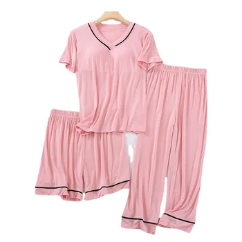  Modal Pijamale Femei de Vara cu Piept Pad Sutien cu mânecă Scurtă, pantaloni Scurți și Pantaloni 2022 Casa Noua Servicii 3-piece Set de Pijamale