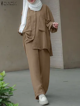 ZANZEA Musulman Bluza cu Maneci Lungi Pantaloni Largi Picior se Potriveste Toamna Solid Abaya Femei Potrivire Seturi de 2 BUC Treninguri Turcia Caftan