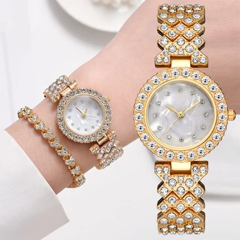  Femei de lux, Ceasul de Aur de Moda Doamnelor Cuarț Full Diamond Ceas de mana Elegant cu Bratara Femeie Ceasuri Cadouri 2pcs Set Reloj Mujer