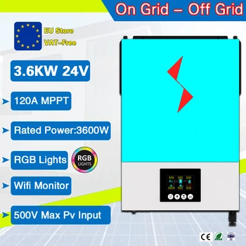  3600W 24V on/off grid invertor solar Built-in 120A solar controler RGB Lingthing,90-500vdc PV de intrare Funcționează fără baterie Wifi m