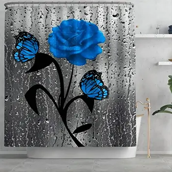  Albastru Floare Trandafir Perdea de Duș pentru Baie cu 12 Carlige Țesătură de Poliester, Lavabil la Mașină Impermeabil Perdele de Dus Seturi