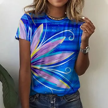  2022 Vara Femei Florale Tematice de Pictură T shirt de Imprimare Florale Gât Rotund Bază Topuri Albastru Verde Rosu / Imprimare 3D