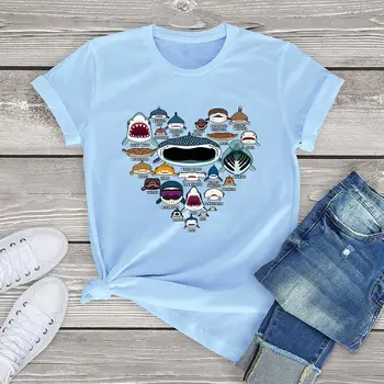  100 bumbac tricou femei dragoste inima rechin fete kawaii tipărite scurt maneca tee topuri de moda t-shirt fete drăguț haine de vara