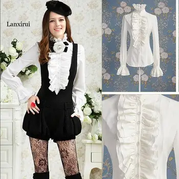  Gothic Punk Stil Mare Zburli Guler Bluza Pentru Femei Buton De Cămașă Slim Ruched Top Montate Victorian Teatru Costum Lady