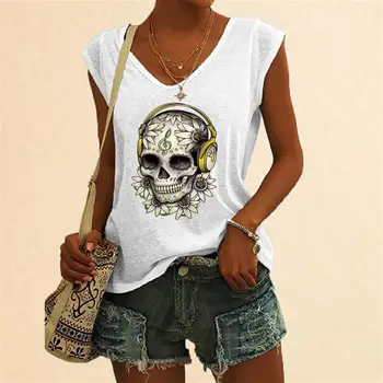  Femei de Moda T-shirt Craniu de Imprimare Rezervor de Top Casual de Vara V Guler Vesta Top Doamnelor Cămașă fără Mâneci Vrac