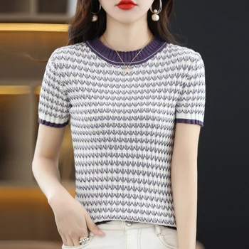  100%din Bumbac cu mânecă Scurtă Femei pe gât Rotund Pulover Vesta Casual Largi Tricotate T-shirt de Vara Noua Culoare de Potrivire Topuri