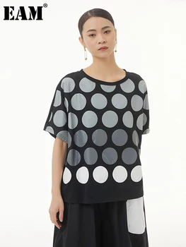  [MEM] Femeile Punct Negru Imprimat de Dimensiuni Mari Casual T-shirt Noi Gât Rotund Maneca Scurta Mareea Moda Primavara-Vara 2023 1DE7116
