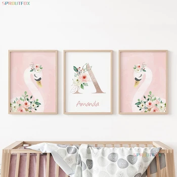  Pink Swan Flori Personalizate Personalizate Numele Poster De Arta Canvas Print Copil Pepinieră De Perete Tablou Pictura Copii Fata De Decor Dormitor