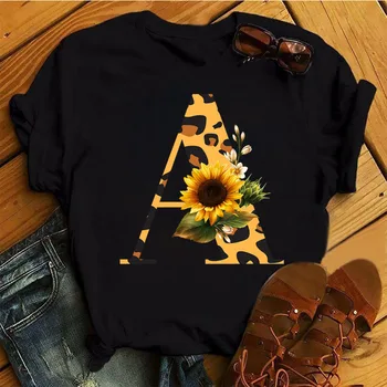  Moda Femei T Shirt Leopard De Floarea-Soarelui De Imprimare Topuri Casual Nume Personalizat Combinație De Litere Font A B C D E O Femela Negru Tricou