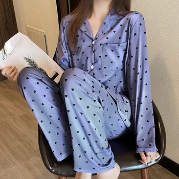  Satin 2 Bucata Femei Sleepwear Set Primavara Toamna cu Maneca Lunga, Pijamale pentru Femeie Mătase Pijamale de Moda de Lux, Moale Pijama Set