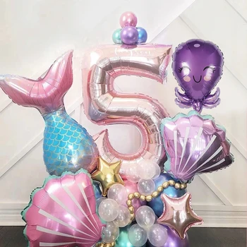  33pcs Coada de Sirena Shell Număr de Baloane Set 1-9 Crescut de Aur Balon de Folie de Partid Ziua de nastere Decoratiuni Fete de Sub Mare Baloane