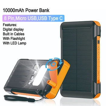 10000mAh de Încărcare Powerbank Impermeabil Manivela Power Bank Display Digital Încărcător de Telefon 5 Porturi Încărcător Solar 8 Pini Tip C